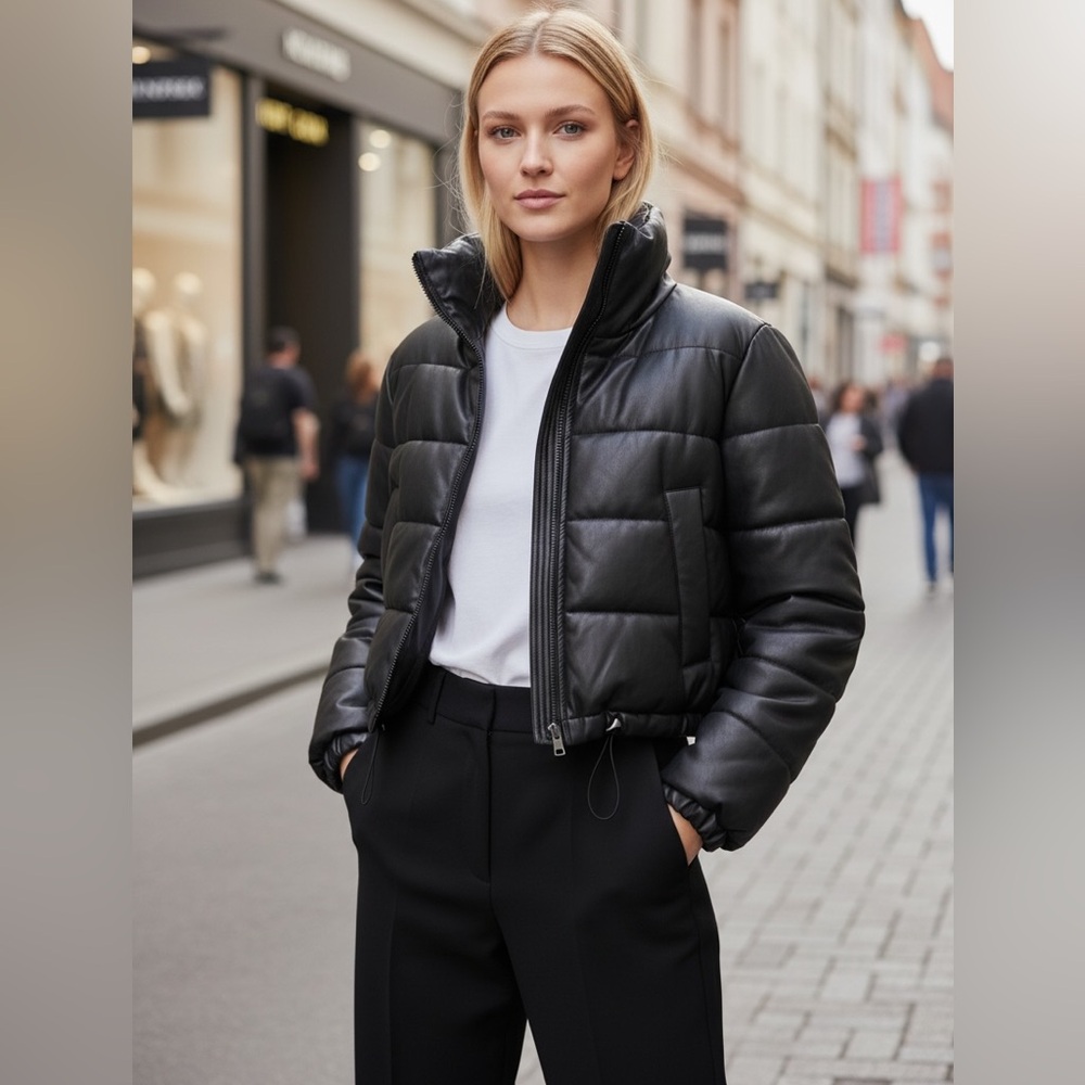 NWT LTH Cay Black Funnel Neck Quilted Leather Puffer Jacket Size M